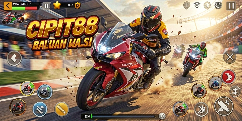 Tampilan gameplay menegangkan dalam CIPIT88 saat balapan motor.