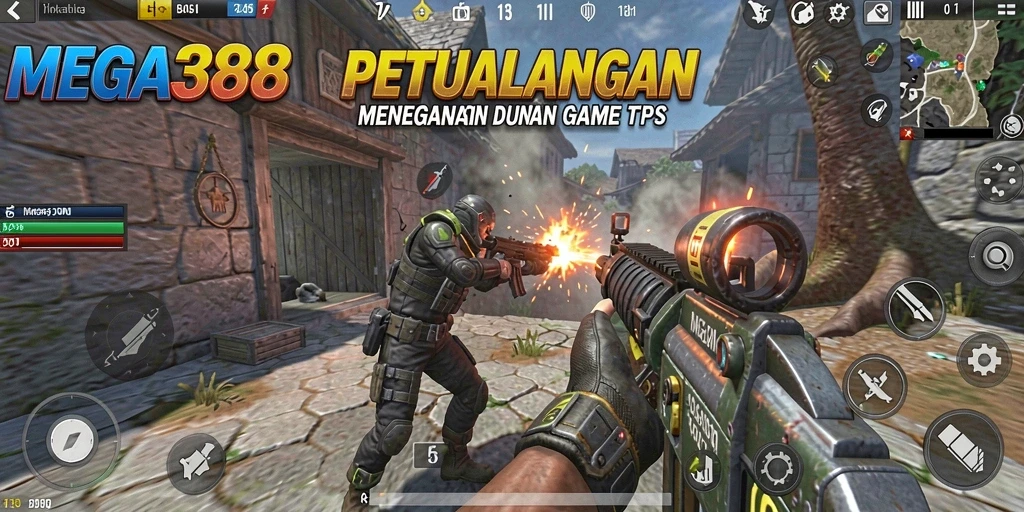 Tampilan gameplay menegangkan dari MEGA388 dalam lingkungan kota.