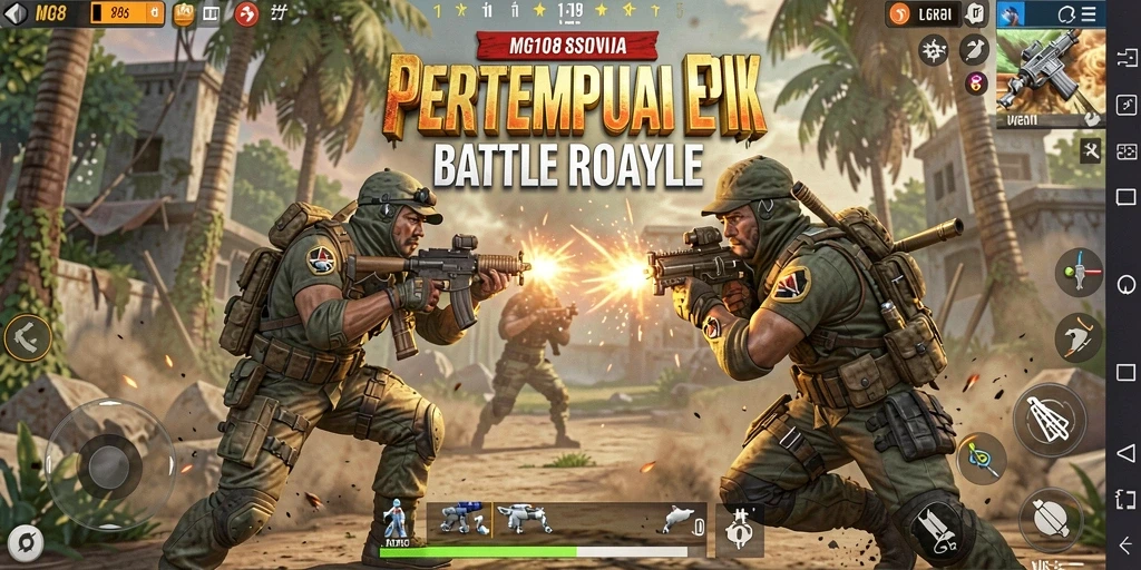 Screenshot gameplay MG108 dengan pertempuran seru dalam Battle Royale.