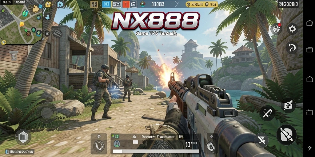 Screenshot menunjukkan aksi gameplay seru dalam NX888 dengan berbagai karakter berperang.