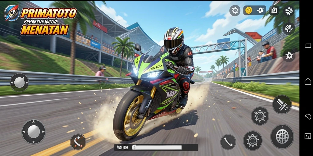 Tampilan gameplay seru dari PRIMATOTO dengan balapan motor yang mendebarkan.