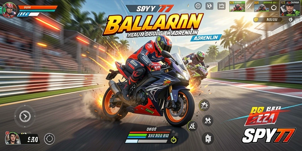 Gameplay seru SPY77 dengan balapan motor yang intens.